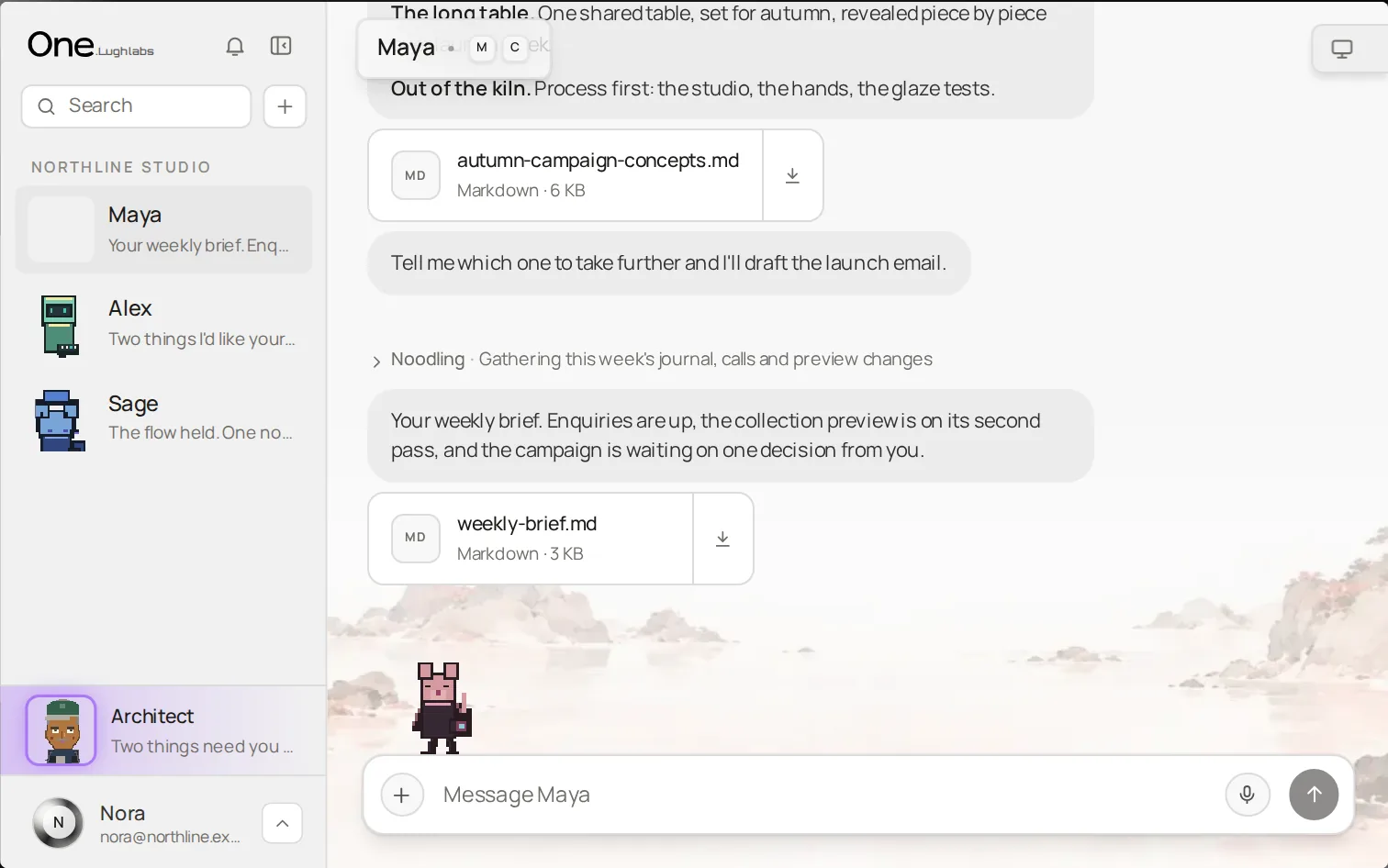 One, showing Maya's conversation about the autumn campaign. A fictional studio.