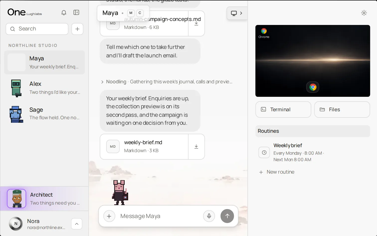One, showing Maya's weekly brief, delivered by a routine. A fictional studio.