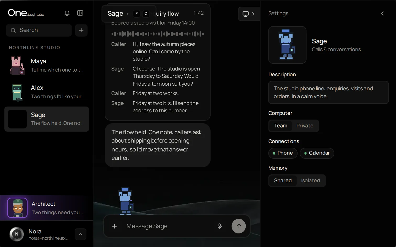 One, showing Sage's test call through the enquiry flow. A fictional studio.