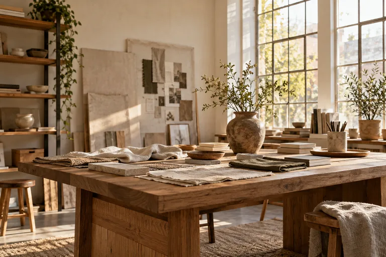 Generated concept of a sunlit workshop table with linen samples